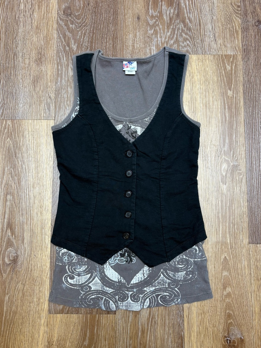 Piper Black Layered Vest Tank with Printed Gray Underlay